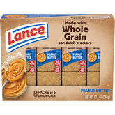 Lance front packaging box showing whole grain peanut butter crackers and portability