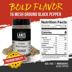 Close-up coarse 16 mesh pepper crystals showing texture and even grind from Lane's