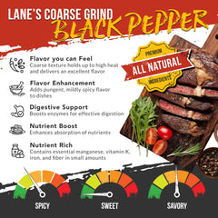 Lane's pepper sprinkled on seared steak creating a crisp, aromatic crust for flavor