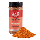 Lane's front label shows Sweet Heat Rub jar and benefits