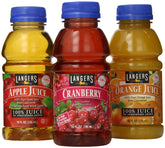 Langers front view of 12-pack showing apple orange and cranberry bottles and easy grab convenience