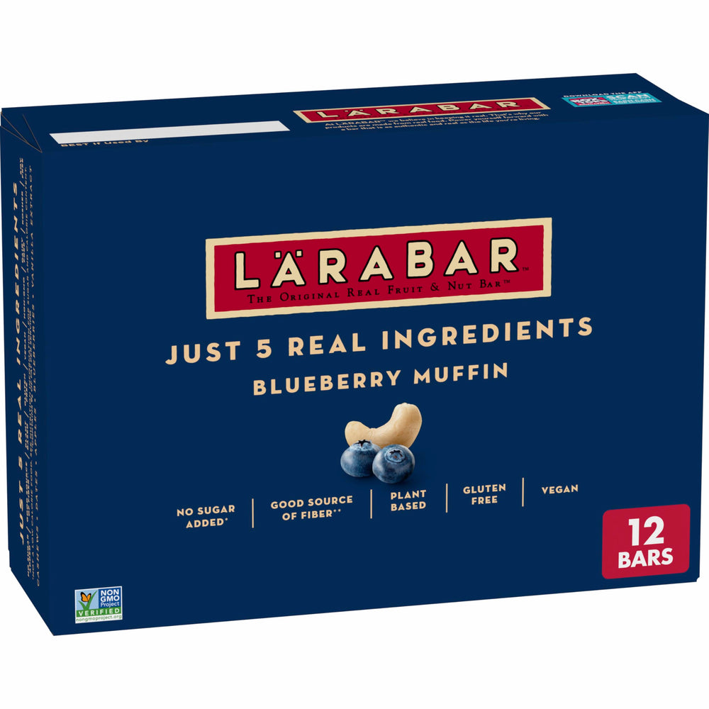 LÄRABAR front box of Blueberry Muffin bars showing pack convenience and wholesome branding