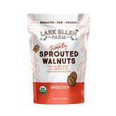 Lark Ellen Farm front packaging showing 10 oz organic sprouted walnuts, convenient storage