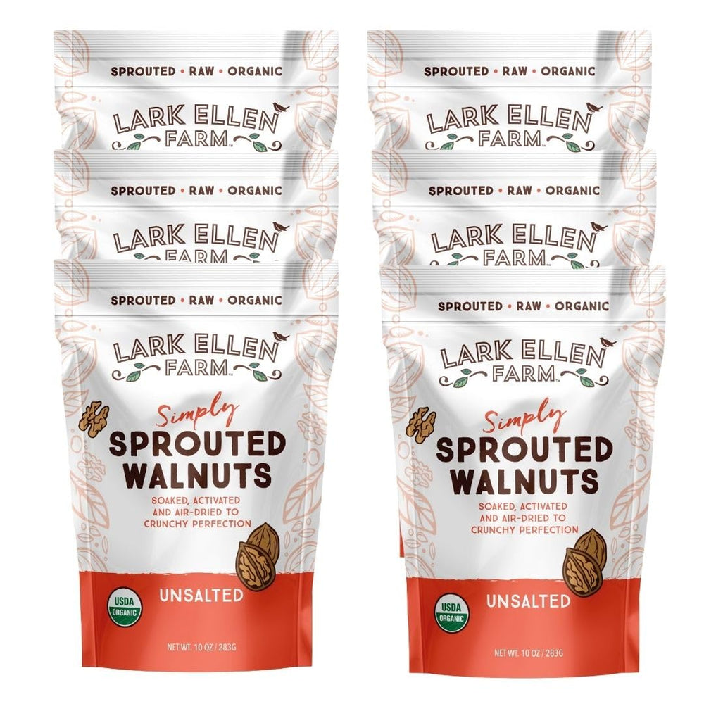 Lark Ellen Farm front packaging showing unsalted sprouted walnuts and resealable bag for freshness