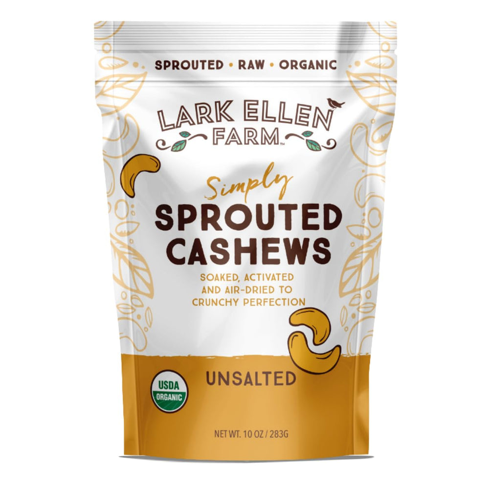 Lark Ellen Farm front packaging showing organic sprouted cashews benefit freshness