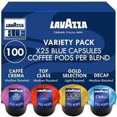 Lavazza front packaging showing the 100-count variety pack and easy selection benefit