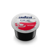 Lavazza BLUE front packaging showing 100 capsules and Italian roasting heritage benefit