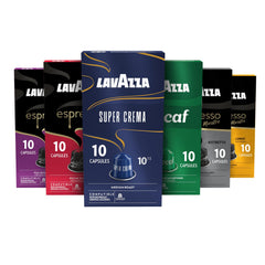 Lavazza front pack showing the 60-count aluminum capsule assortment and variety benefit