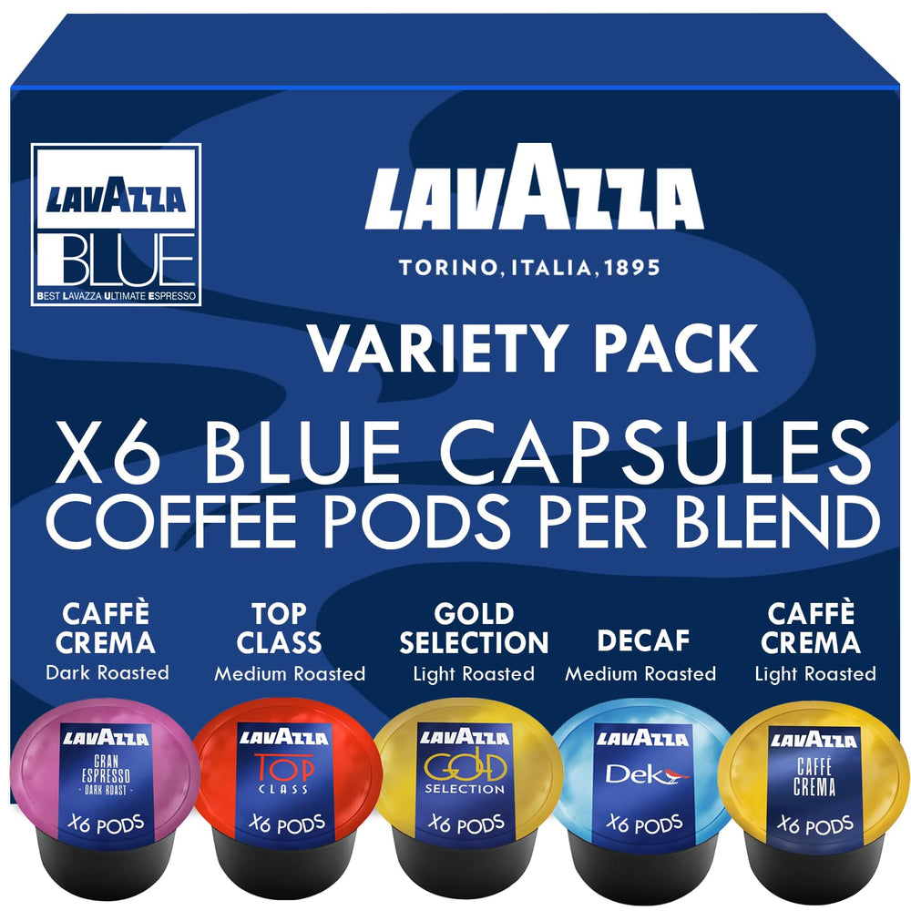 Lavazza front packaging displaying five blend names and 30-count convenience