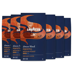 Lavazza front packaging showing six 20 oz bags and brand clarity benefit