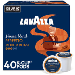 Lavazza House Blend Perfetto box front showing brand and count, highlights convenience
