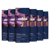 Lavazza front packaging showing six 12oz bags and bold roast benefit