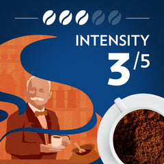 Lavazza Perfetto bag label detail showing roast level and caramel notes benefit