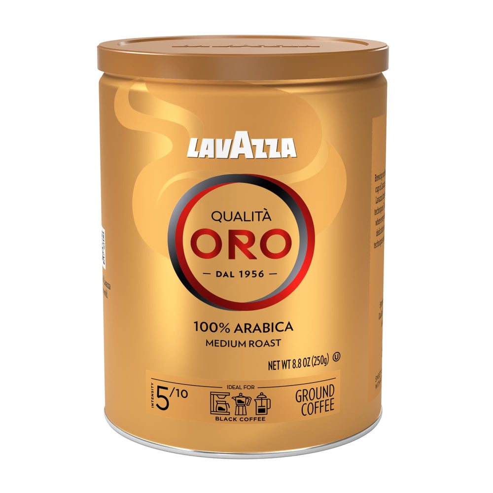 Lavazza Qualità Oro front tin showing brand and medium roast for easy identification