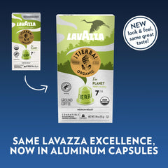 Lavazza capsule close-up highlighting aluminum finish and consistent extraction benefit