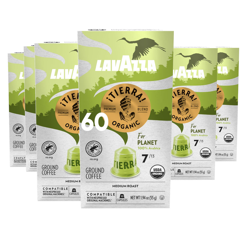 Lavazza ¡Tierra! front packaging showing 60 capsules and product branding benefit convenience