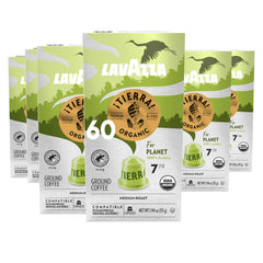 Lavazza ¡Tierra! front packaging showing 60 capsules and product branding benefit convenience