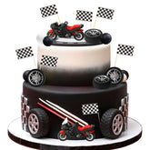 LaVenty front packaging showing full motorbike cake topper kit and quick setup benefit
