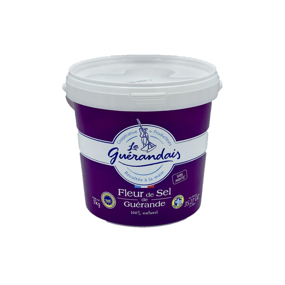LE GUÉRANDAIS 2.2 lb pail of Guerande sea salt showing label and packaging benefit: authentic French finish