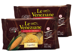 Le Veneziane capellini front packaging showing gluten-free label and delicate thin strands for quick meals