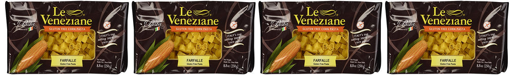 Le Veneziane front packaging showing gluten-free farfalle and product details for easy selection