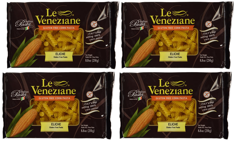 Le Veneziane front packaging showing four 8.8 oz gluten-free fusilli packs and brand logo