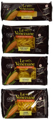 Le Veneziane front packaging showing gluten-free corn pasta, clear labeling and variety benefits