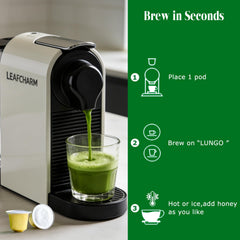 LeafCharm brewed matcha cup from machine highlighting smooth crema