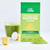 LeafCharm front box showing 10-count pods and branding, easy matcha prep