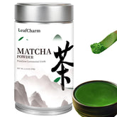 LeafCharm front tin packaging showing vibrant green color and resealable lid benefit freshness