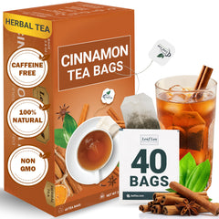 LeafLea front box showing 40-count cinnamon tea, convenient freshness