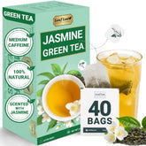 LeafLea front box showing 40-count jasmine green tea bags, convenient freshness