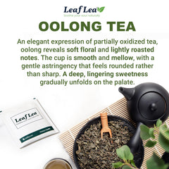 LeafLea tea bag close-up in paper filter showing whole-leaf content and clean steep