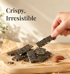 LEEZEN close-up of roasted almond pieces and sesame seeds, rich nutty aroma