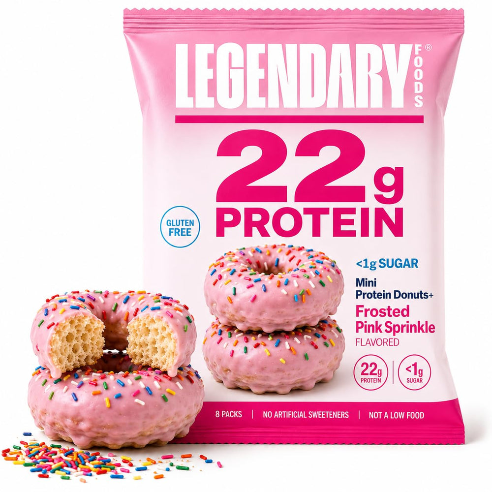 Legendary Foods front packaging showing pink sprinkle donut and nutrition callouts