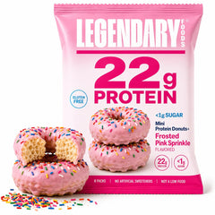 Legendary Foods front packaging showing pink sprinkle donut and nutrition callouts