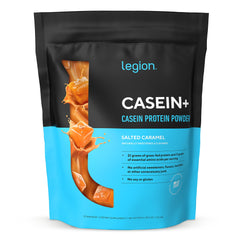 LEGION Casein+ front packaging showing salted caramel flavor and benefit of slow-release protein