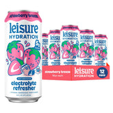 Leisure can front view showing Strawberry Breeze branding and refreshing appeal