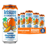 Leisure can front view showing tropical mango design and hydration benefits
