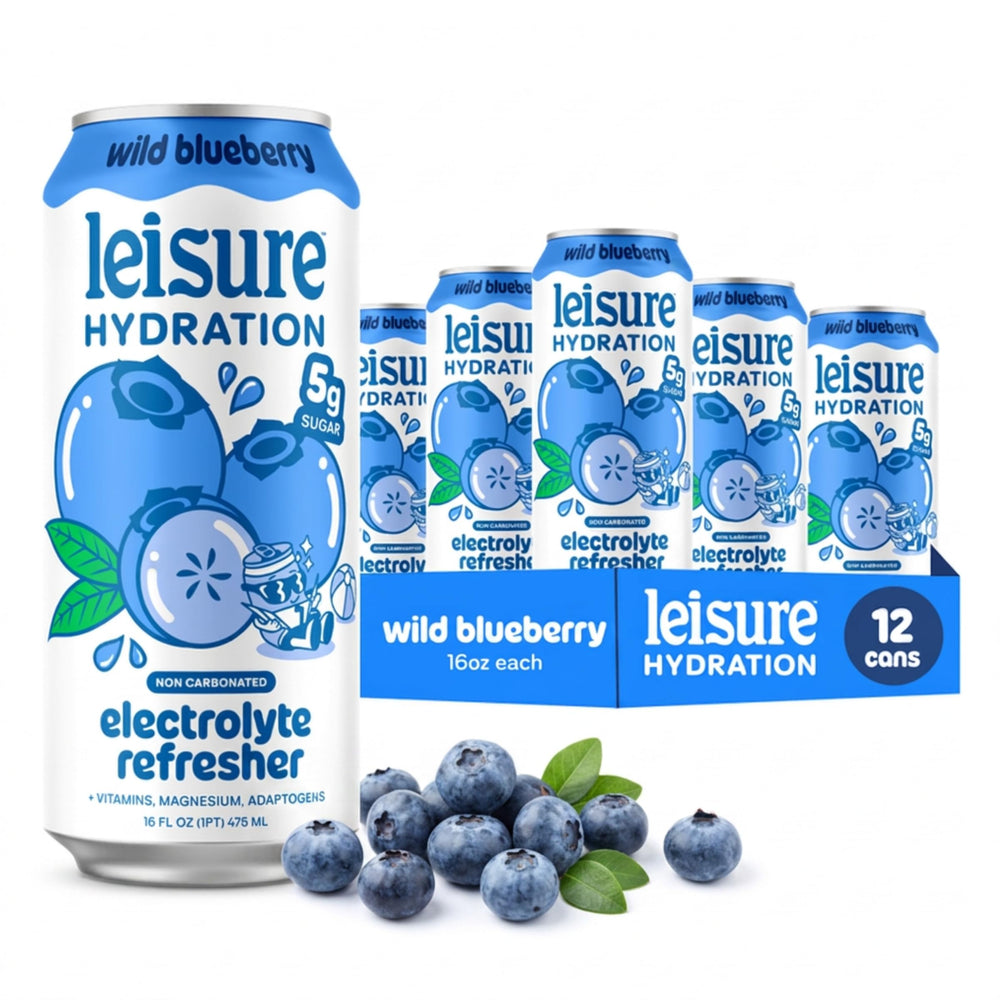 Leisure front can showing Wild Blueberry label and recyclable 16 oz design for convenient hydration