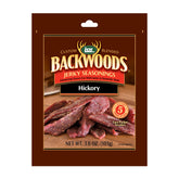 LEM front packaging showing Backwoods Hickory seasoning, clear label and benefit