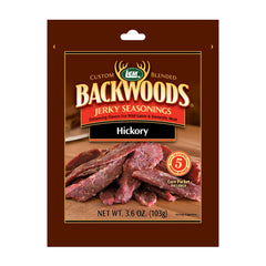 LEM front packaging showing Backwoods Hickory seasoning, clear label and benefit