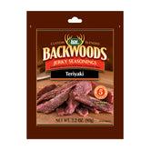 LEM Backwoods teriyaki front packaging shows 1 oz. pouch and brand logo, clear product ID