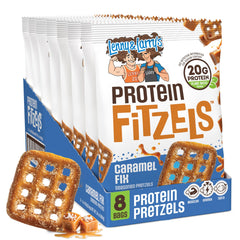Lenny & Larry's front packaging showing caramel pretzel bags and convenience