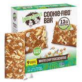 Lenny & Larry's front box showing nine White Chip Macadamia bars and clear branding benefit: grab-and-go protein