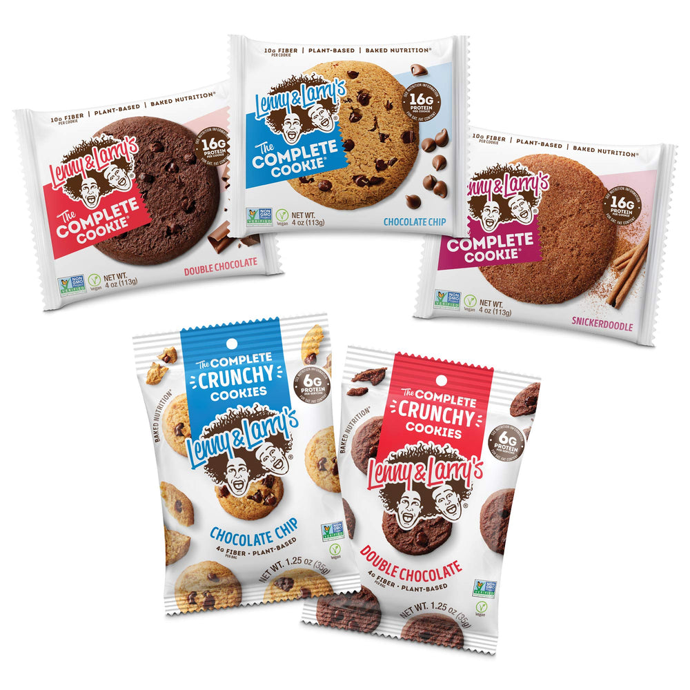 Lenny & Larry's front packaging showing assortment and benefits