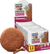Lenny & Larry's front-box showing twelve snickerdoodle cookies and branding benefit convenience