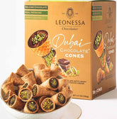 Leonessa front packaging of Dubai chocolate cones showing premium gift-ready box and branding