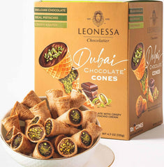 Leonessa front packaging of Dubai chocolate cones showing premium gift-ready box and branding
