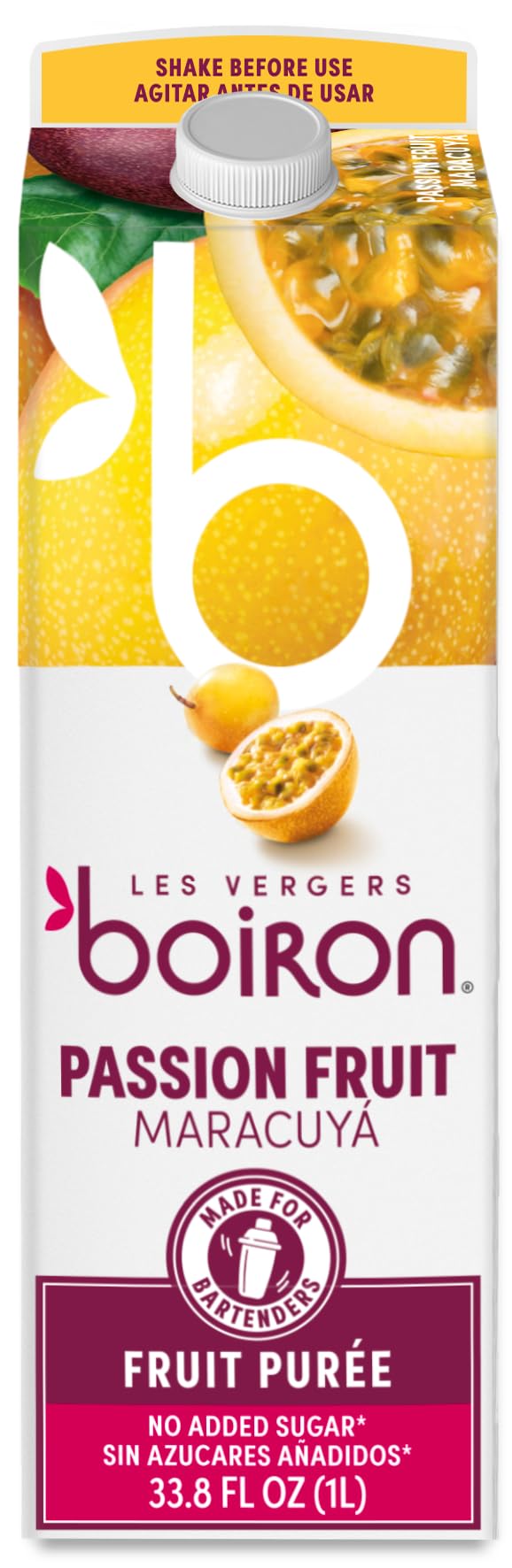 Les Vergers Boiron carton front showing 1L passion fruit puree, inspires professional use